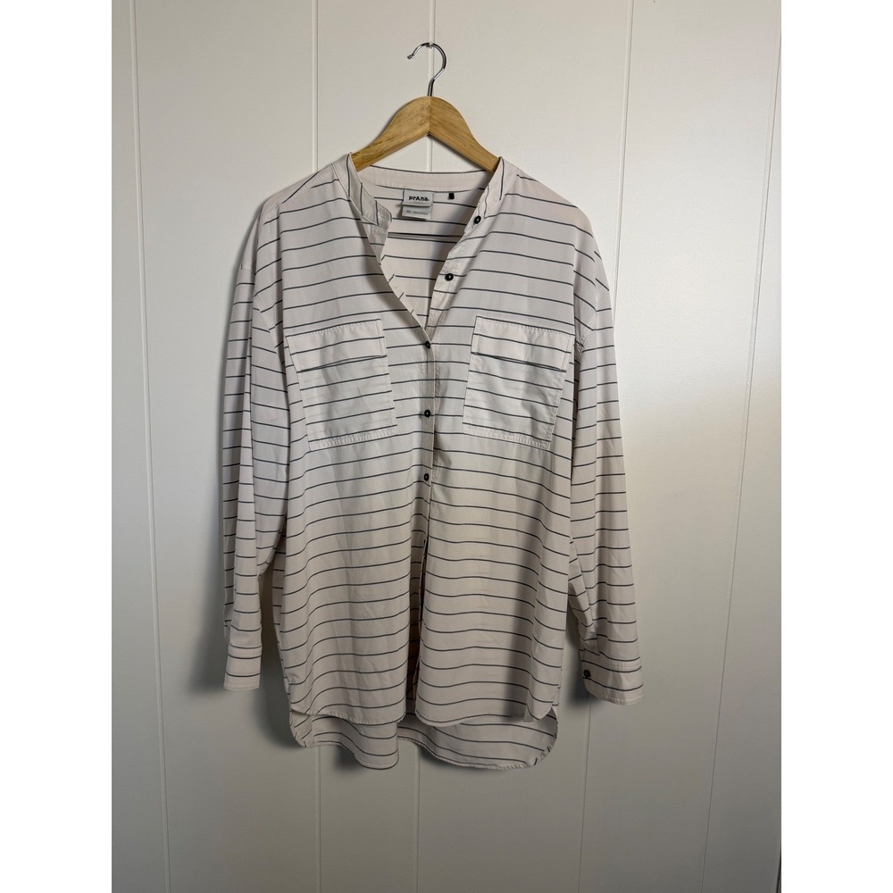 prAna Button Down Shirt XL‎ White Striped Banded Collar Long Sleeve Stretch